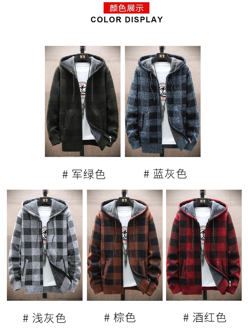 Men&#39;s New Winter Plaid Sweater Hooded Cardigan Cold Coat Wool Zipper Jacket Autumn Fleece Warm Clothes Checkered Knit Jumper