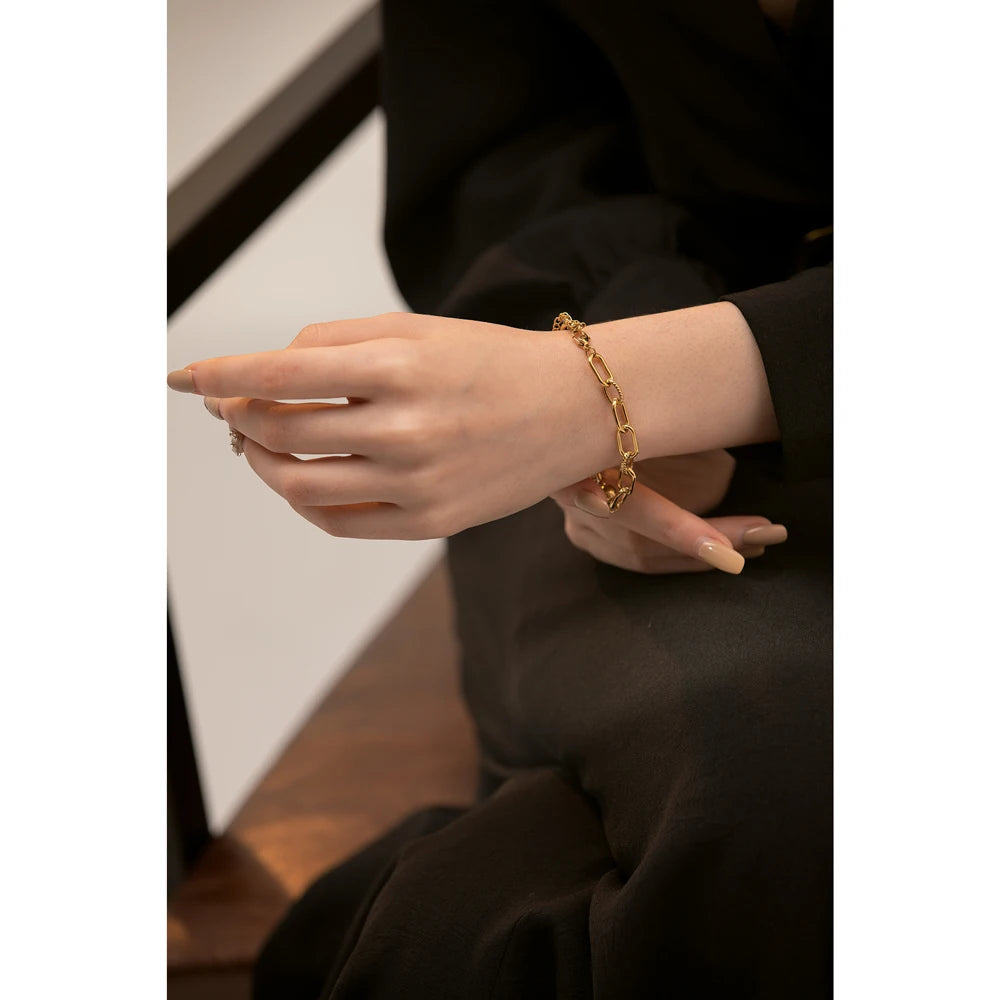 New Stainless Steel Golden Bracelet – 14K Plated Charm with Metal Texture, Geometric Design for Women