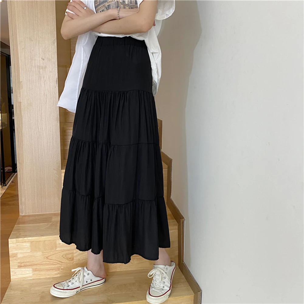 Spring Summer Women&#39;s Chiffon Skirt: Vintage High-Waist A-Line with Patchwork Design