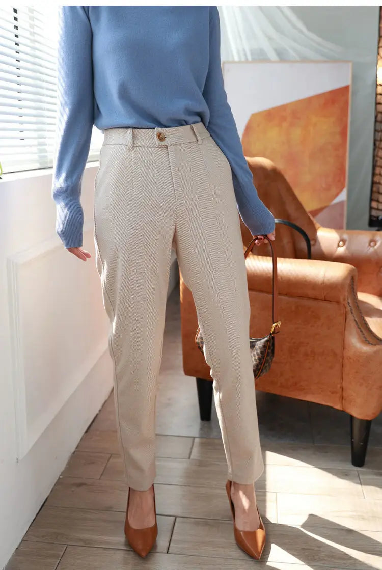 Women&#39;s High-Waisted Woolen Harem Pants: Casual Office Trousers for Autumn/Winter 2024