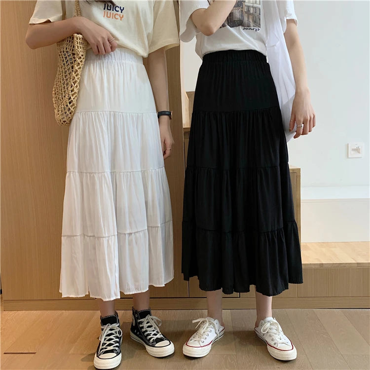 Spring Summer Women&#39;s Chiffon A-Line Skirt: Vintage High-Waist Elastic Patchwork in Black &amp; White