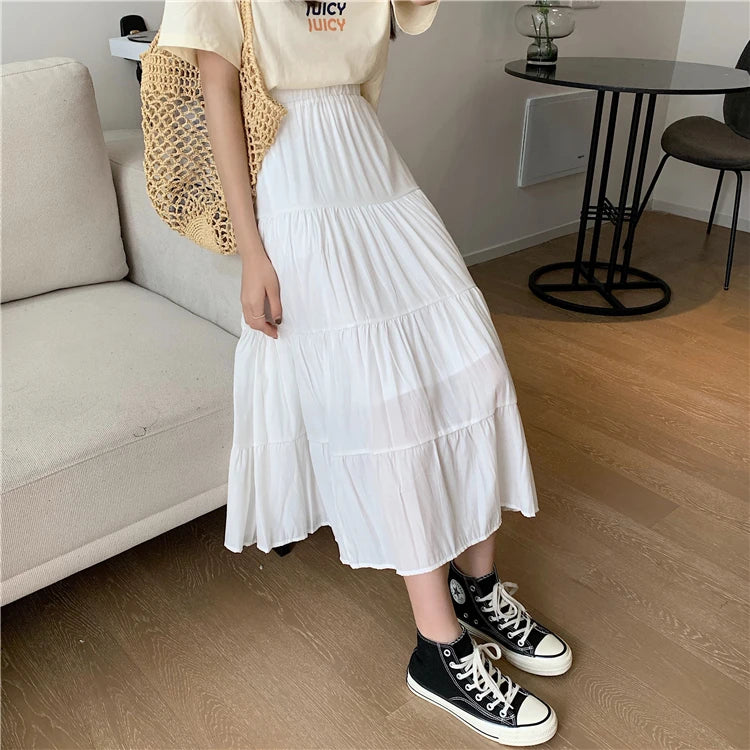 Spring Summer Women&#39;s Chiffon A-Line Skirt: Vintage High-Waist Elastic Patchwork in Black &amp; White