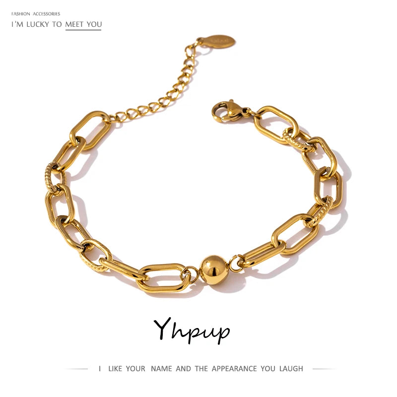 New Stainless Steel Golden Bracelet – 14K Plated Charm with Metal Texture, Geometric Design for Women