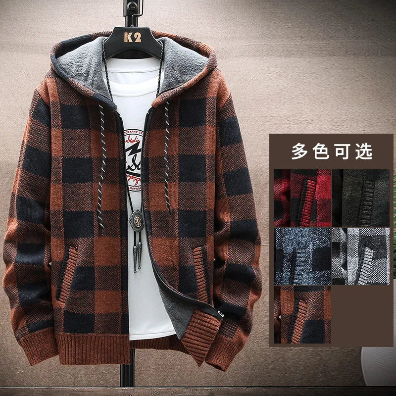 Men&#39;s New Winter Plaid Sweater Hooded Cardigan Cold Coat Wool Zipper Jacket Autumn Fleece Warm Clothes Checkered Knit Jumper