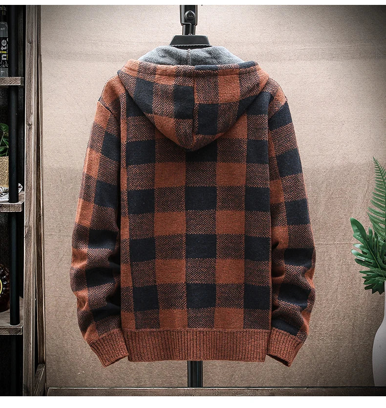 Men&#39;s New Winter Plaid Sweater Hooded Cardigan Cold Coat Wool Zipper Jacket Autumn Fleece Warm Clothes Checkered Knit Jumper