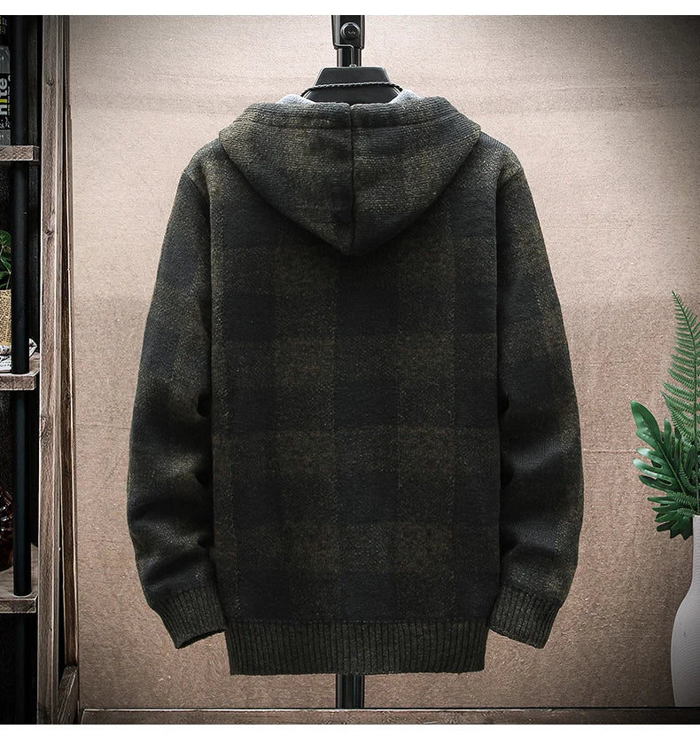 Men&#39;s New Winter Plaid Sweater Hooded Cardigan Cold Coat Wool Zipper Jacket Autumn Fleece Warm Clothes Checkered Knit Jumper