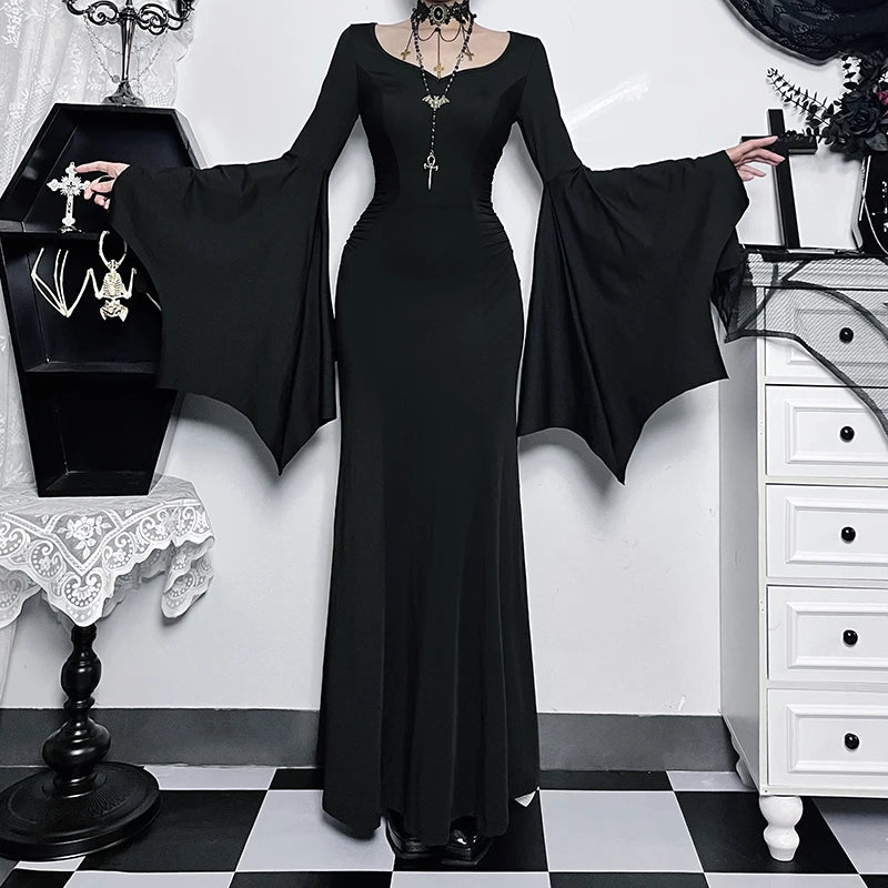 Women&#39;s Gothic Bat Sleeve Mermaid Dress: Addams Family Inspired Elegance