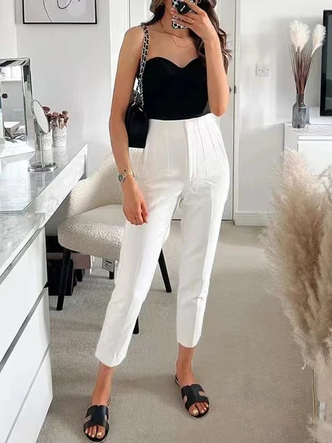 Women’s Casual Solid Pants: Vintage High-Waist Ankle Trousers with Pockets