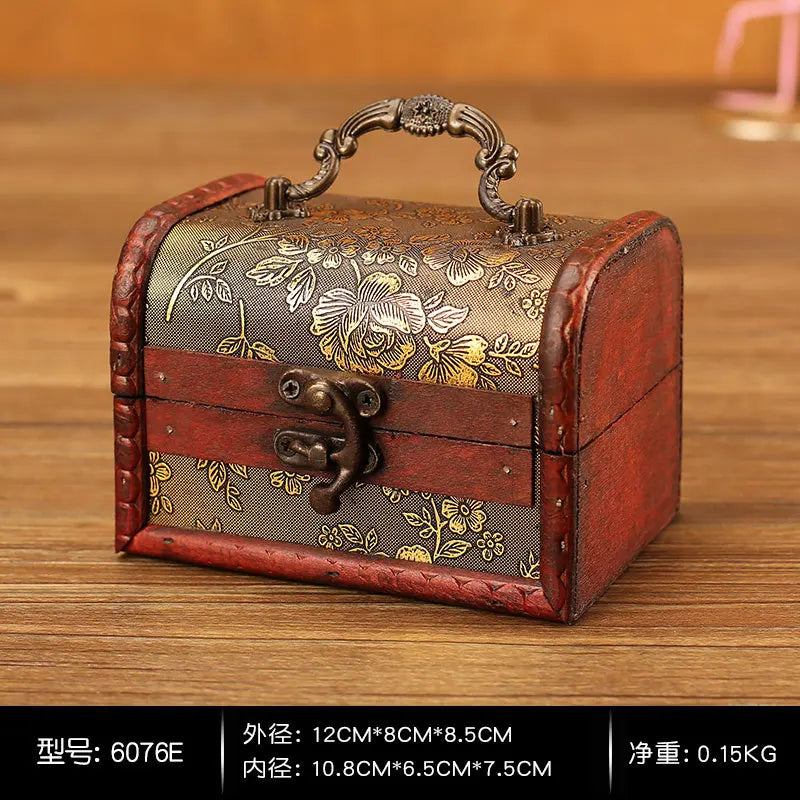 Antique Retro Wooden Jewelry Storage Box with Green Crystal Stone, Vintage Gift and Keepsake Packaging Box