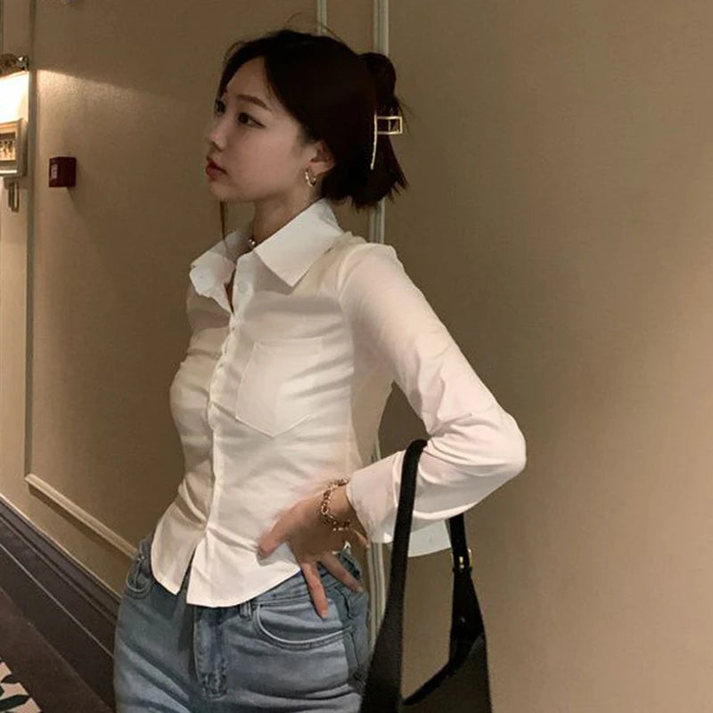 Women&#39;s Elegant Slim Blouse: Korean Y2K Cropped Shirt for Casual &amp; Office Wear