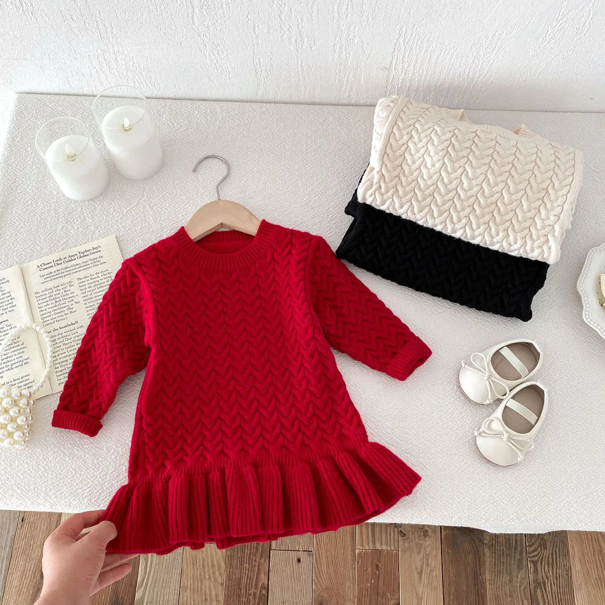 Autumn and Winter Korean Girls Sweater Dress – Long Sleeve Knitted Ruffle Dress with Twist Design and Round Neck