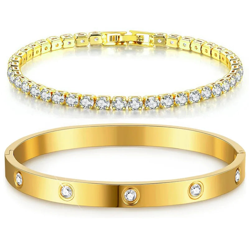 Stackable Gold Bracelets – 14K Gold Plated Cubic Zirconia Tennis Bangles for Women and Girls