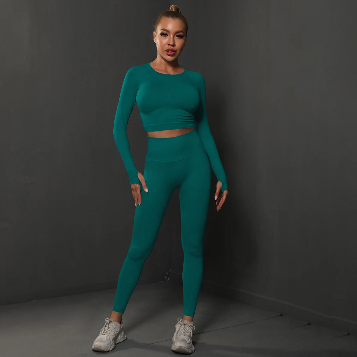 2-Piece Women&#39;s Seamless Gym Set: Bubble Butt Sports Pants &amp; Long Sleeve Top for Activewear