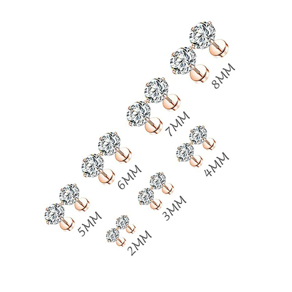 Stainless Steel Crystal Flat Stud Earrings – Round Cubic Zirconia Screw-Back for Tragus Piercing, Unisex Jewelry