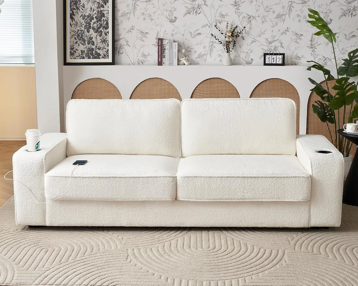 Modern Sofa with USB Charging Ports &amp; Cup Holders: Deep Seat Couch for Living Room