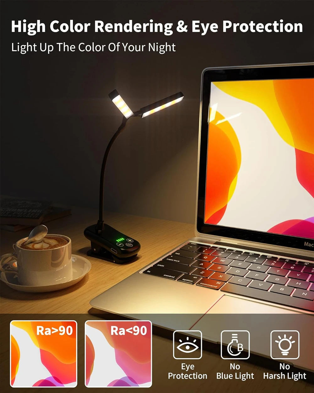 14 LED Clip-On Book Light - Dual Heads, 3 Colors, USB Rechargeable