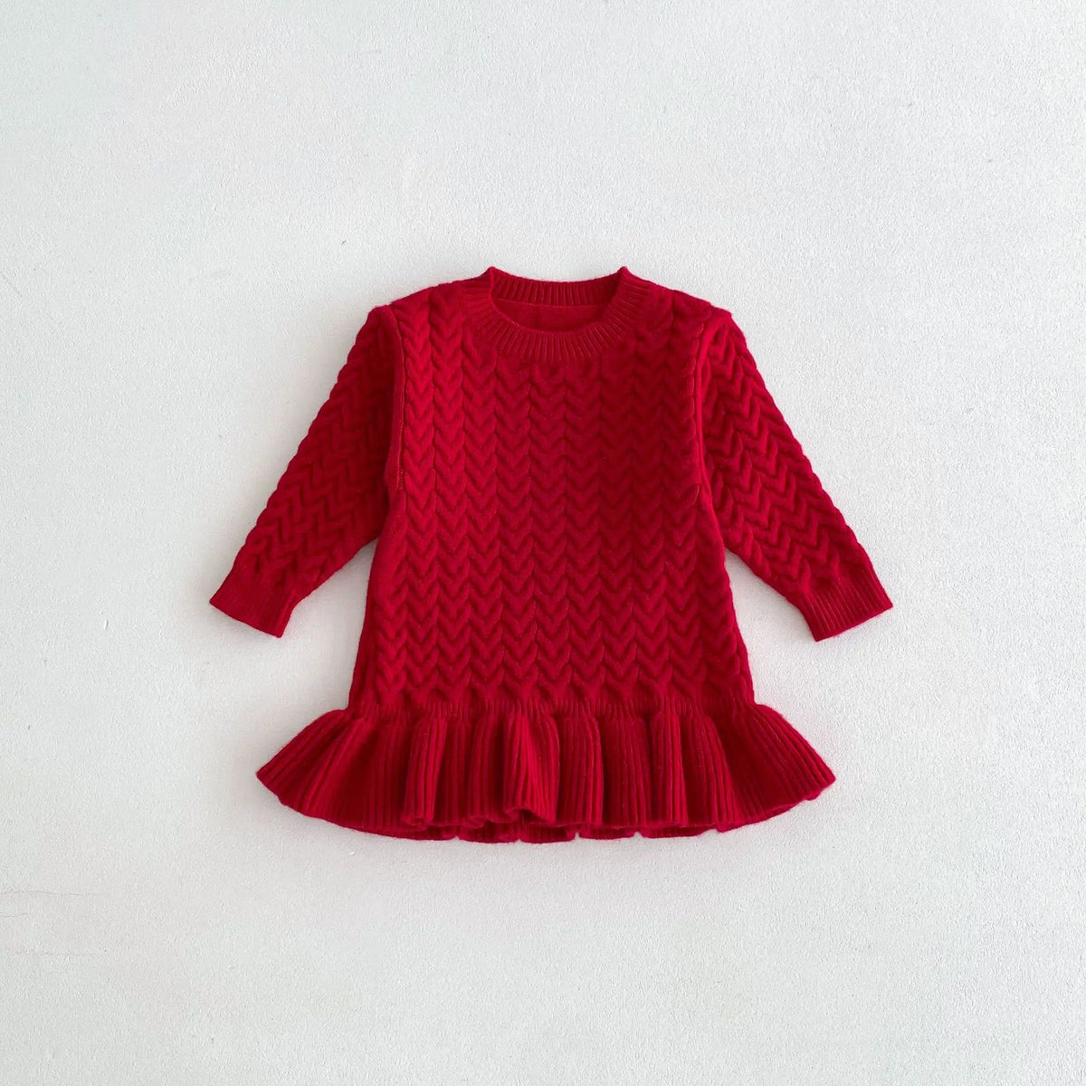 Autumn and Winter Korean Girls Sweater Dress – Long Sleeve Knitted Ruffle Dress with Twist Design and Round Neck