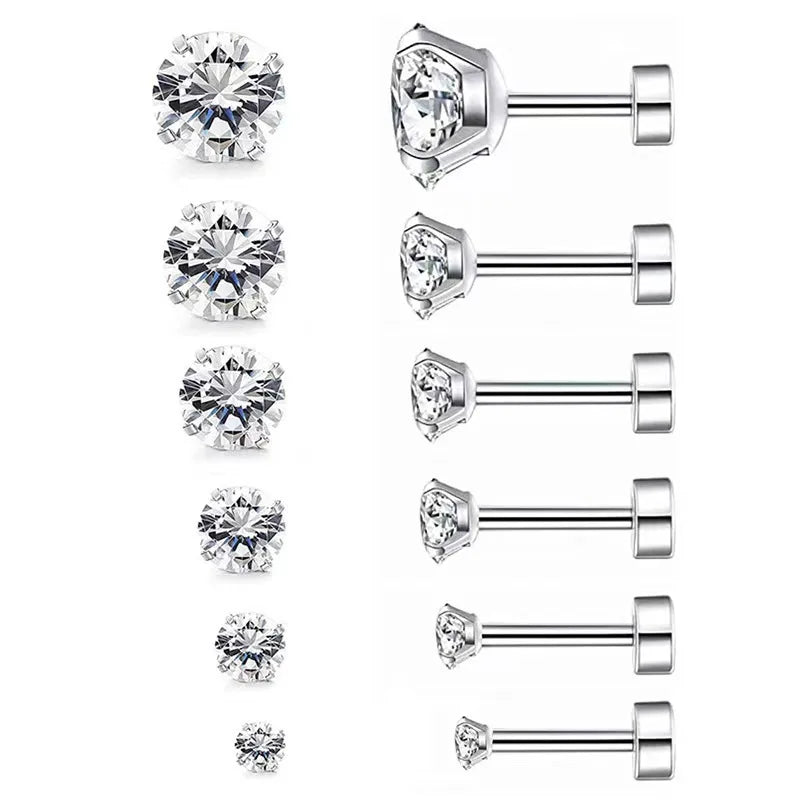 Stainless Steel Crystal Flat Stud Earrings – Round Cubic Zirconia Screw-Back for Tragus Piercing, Unisex Jewelry