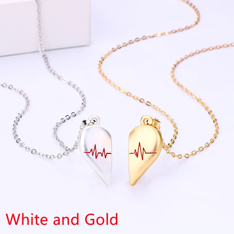 Magnetic Heart Couple Necklace – Electrocardiogram Pendant Splicing Design, Perfect Valentine&#39;s Day Gift