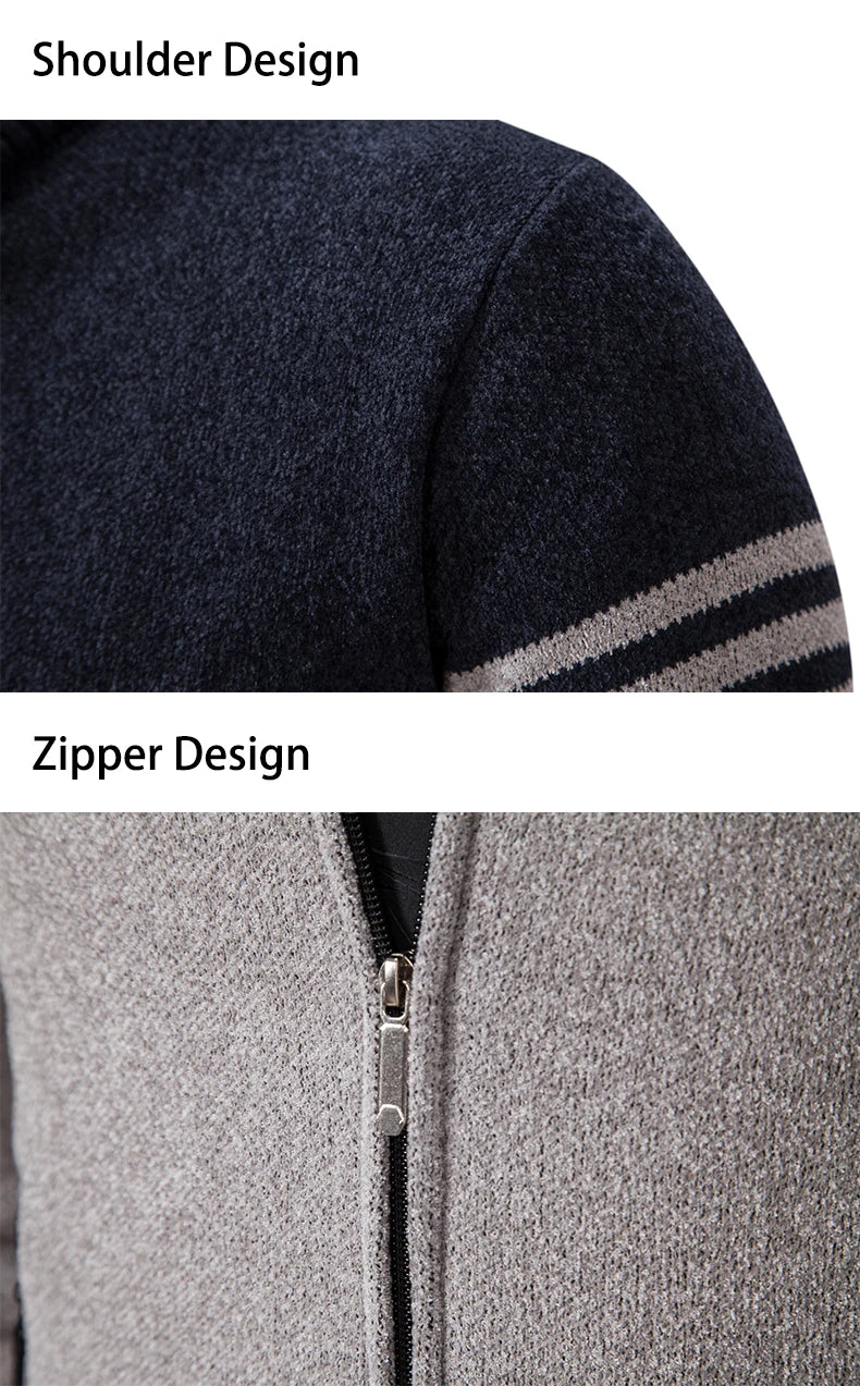 Men&#39;s New Winter Sweater Thick Fleece Warm Sweater Casual Stand Collar Zipper Cardigan Fashion Striped Coat