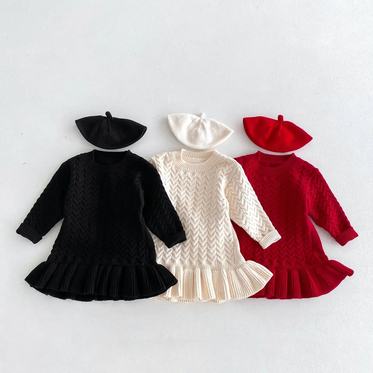 Autumn and Winter Korean Girls Sweater Dress – Long Sleeve Knitted Ruffle Dress with Twist Design and Round Neck