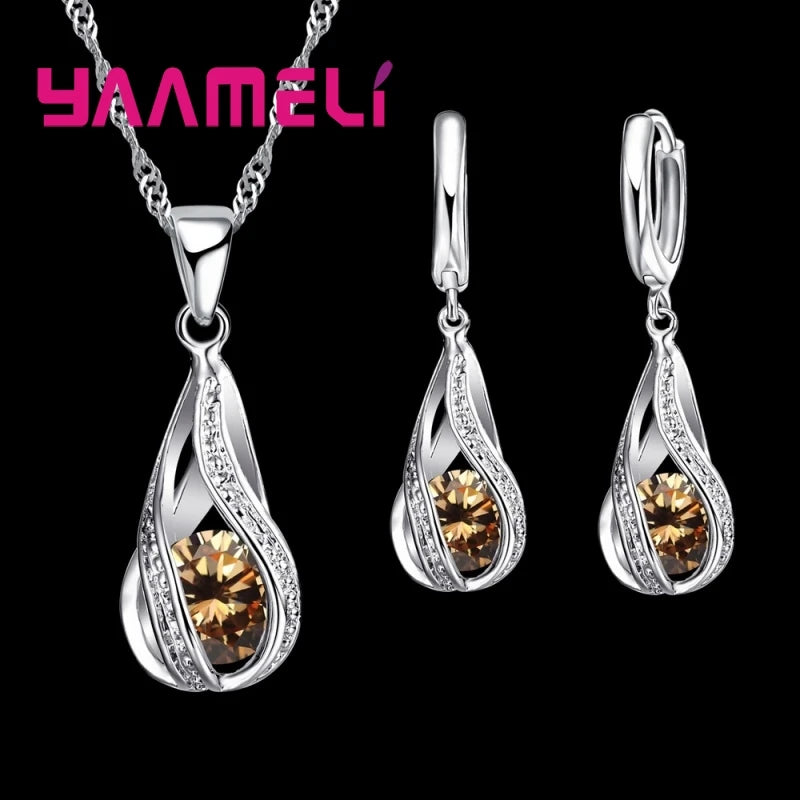 925 Sterling Silver Cubic Zircon Bridal Jewelry Set for Women, Crystal Necklace and Earrings, Elegant Wedding Gift