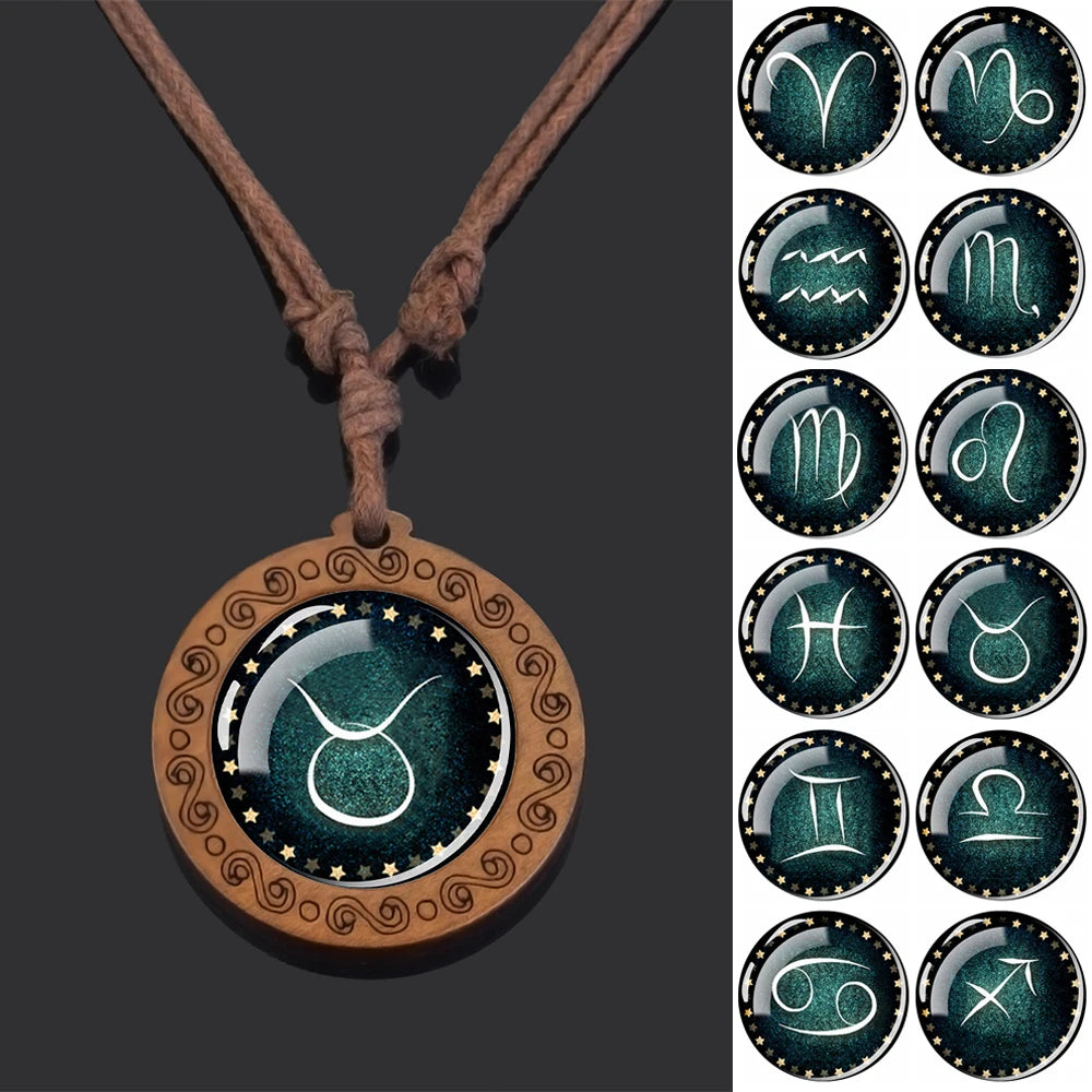 12 Zodiac Signs Constellation Necklace – Vintage Glass Dome Wood Pendant with Rope Chain for Men and Women, Perfect Birthday Gift