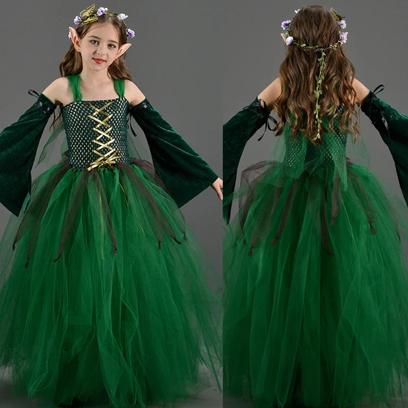 Kids Forest Elf Dress-Up Costume – Green Princess Outfit with Ears for Girls, Perfect for Stage Performance and Halloween