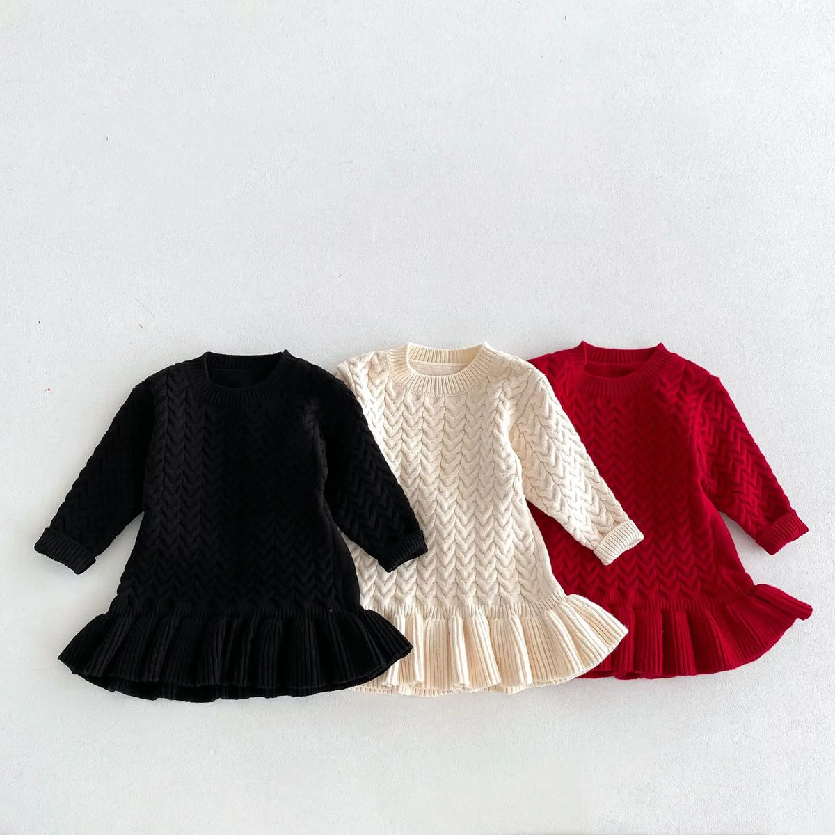 Autumn and Winter Korean Girls Sweater Dress – Long Sleeve Knitted Ruffle Dress with Twist Design and Round Neck