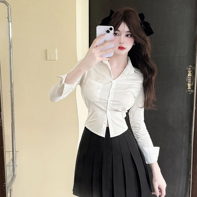 Women&#39;s Elegant Slim Blouse: Korean Y2K Cropped Shirt for Casual &amp; Office Wear