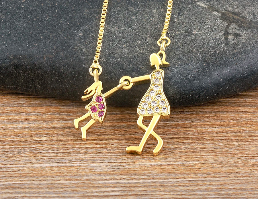 Nidin Gold-Plated Mom and Daughter Pendant Necklace with Cubic Zirconia, Elegant Mother's Day Jewelry Gift