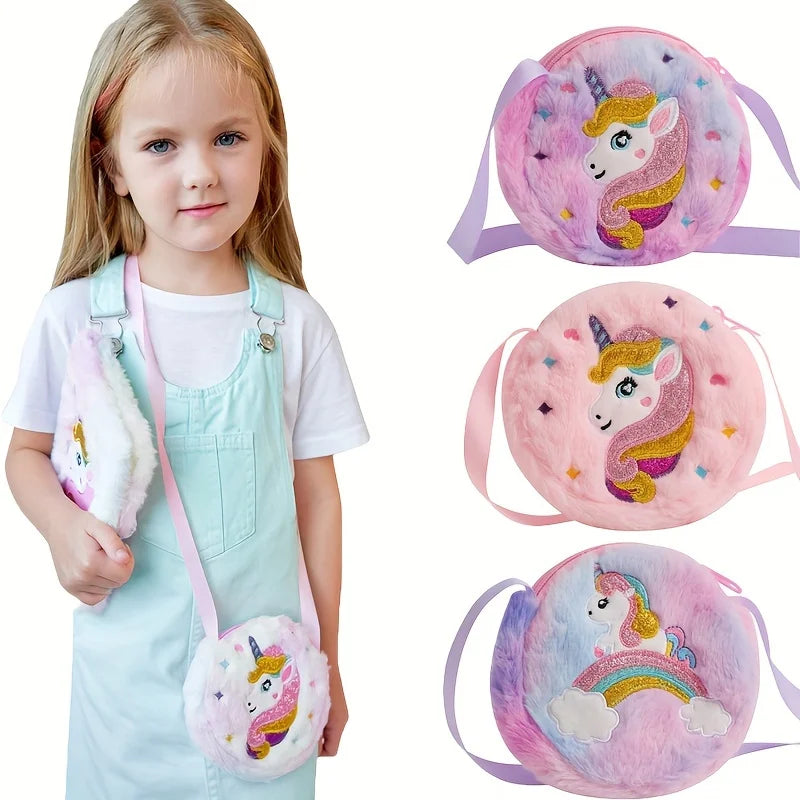 2PC Cartoon Unicorn Crossbody Bag - Cute Plush Shoulder Bag for Kids, Ideal for School &amp; Holidays