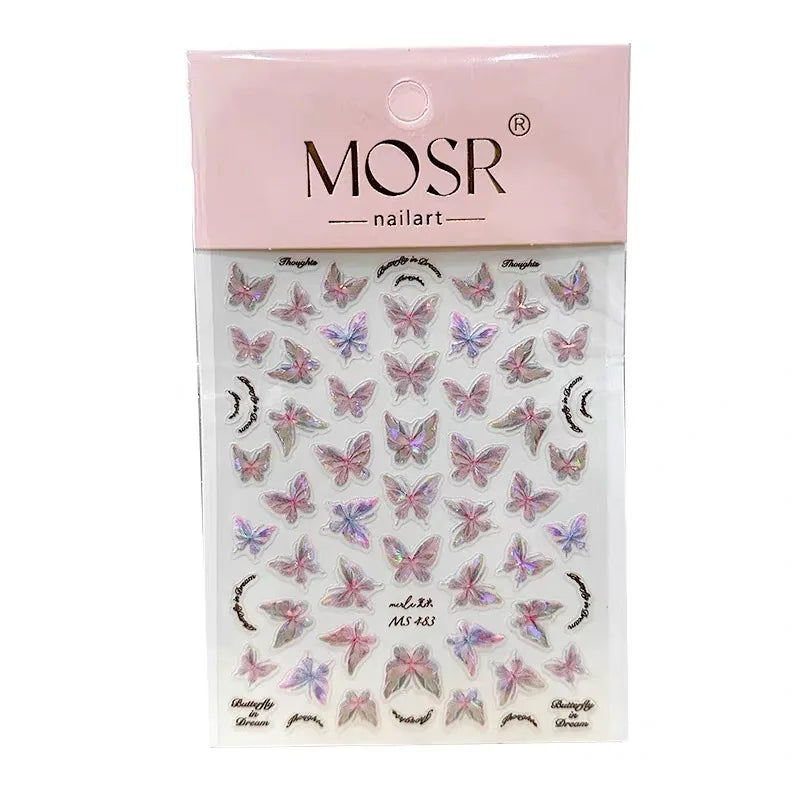 Pink Purple Aurora Butterfly Nail Stickers - Shiny 3D Adhesive Decals