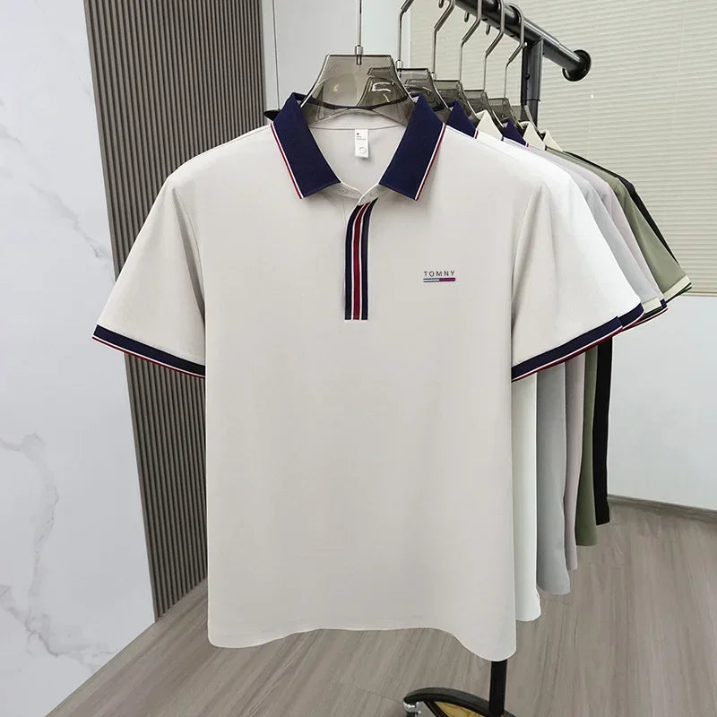 Men's Luxury Ice Silk Polo Shirt, Breathable Short Sleeve Business Casual Golf T-Shirt for Summer