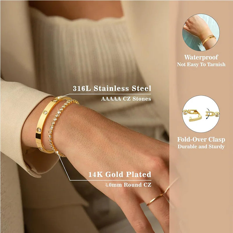 Stackable Gold Bracelets – 14K Gold Plated Cubic Zirconia Tennis Bangles for Women and Girls