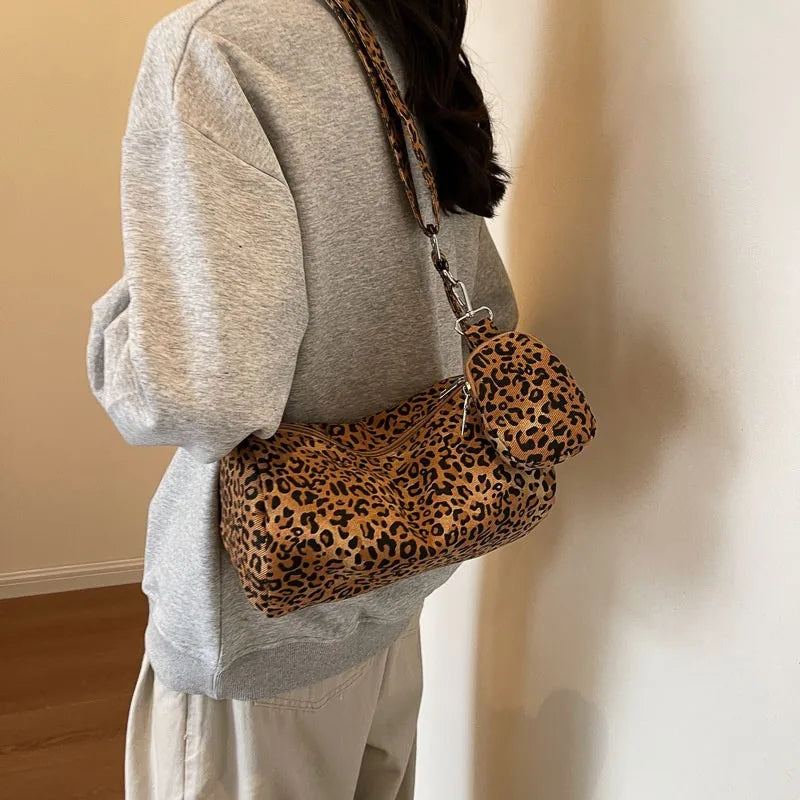 Korean Leopard Print Canvas Armpit Bag - Trendy Fashion Shoulder Bag for Women