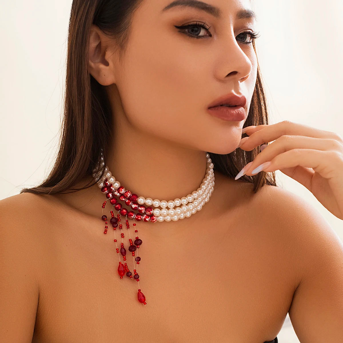 Multilayer Gothic Red Blood Tassel Necklace – Imitation Pearl &amp; Crystal Bead Pendant for Women, Perfect Halloween Jewelry