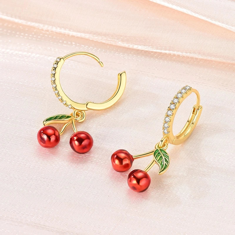 Original 925 Sterling Silver Fruit Hoop Earrings for Women, Cute Cherry Strawberry and Mushroom Charm Earrings, Fashion Jewelry Gift