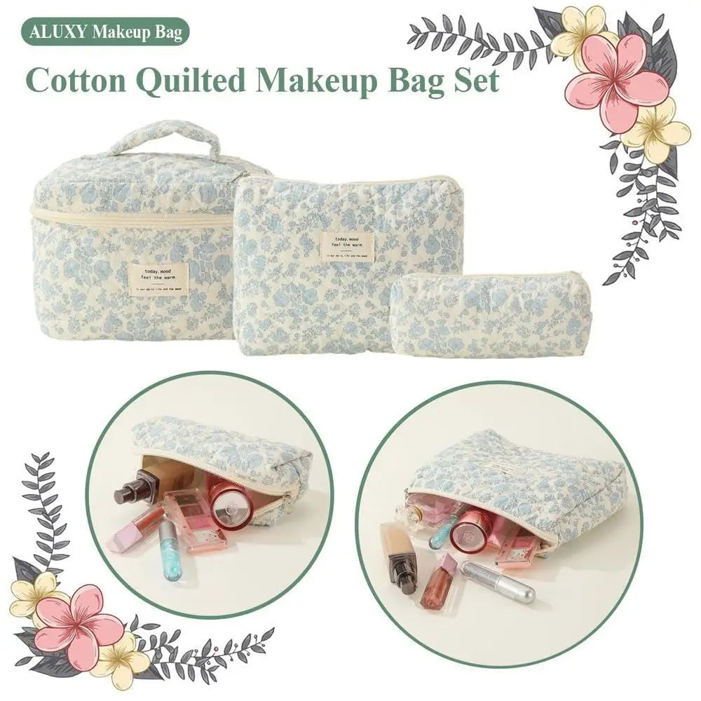 Quilted Cotton Makeup Bag - Portable Zipper Cosmetic Organizer