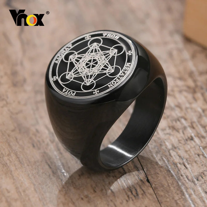 Vnox Vintage Seven Seals of Angels Ring for Men, Stainless Steel Metatron Cube Triquetra Stamp Ring, Chunky Punk Fashion Jewelry