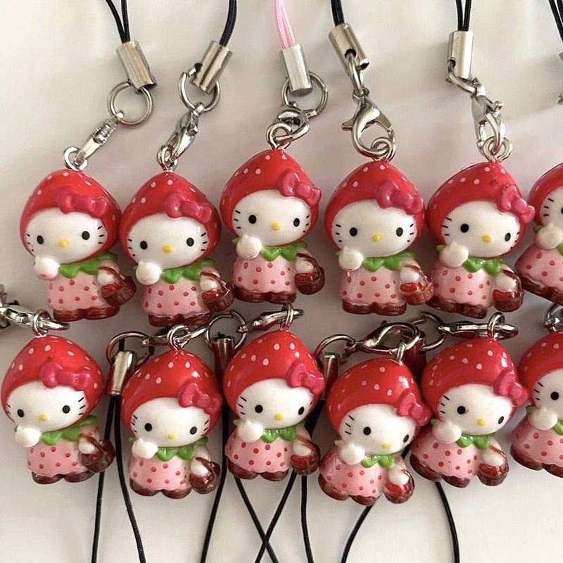 Kawaii Strawberry Hello Kitty Phone Pendant: Cute DIY Keychain for Backpack Decoration