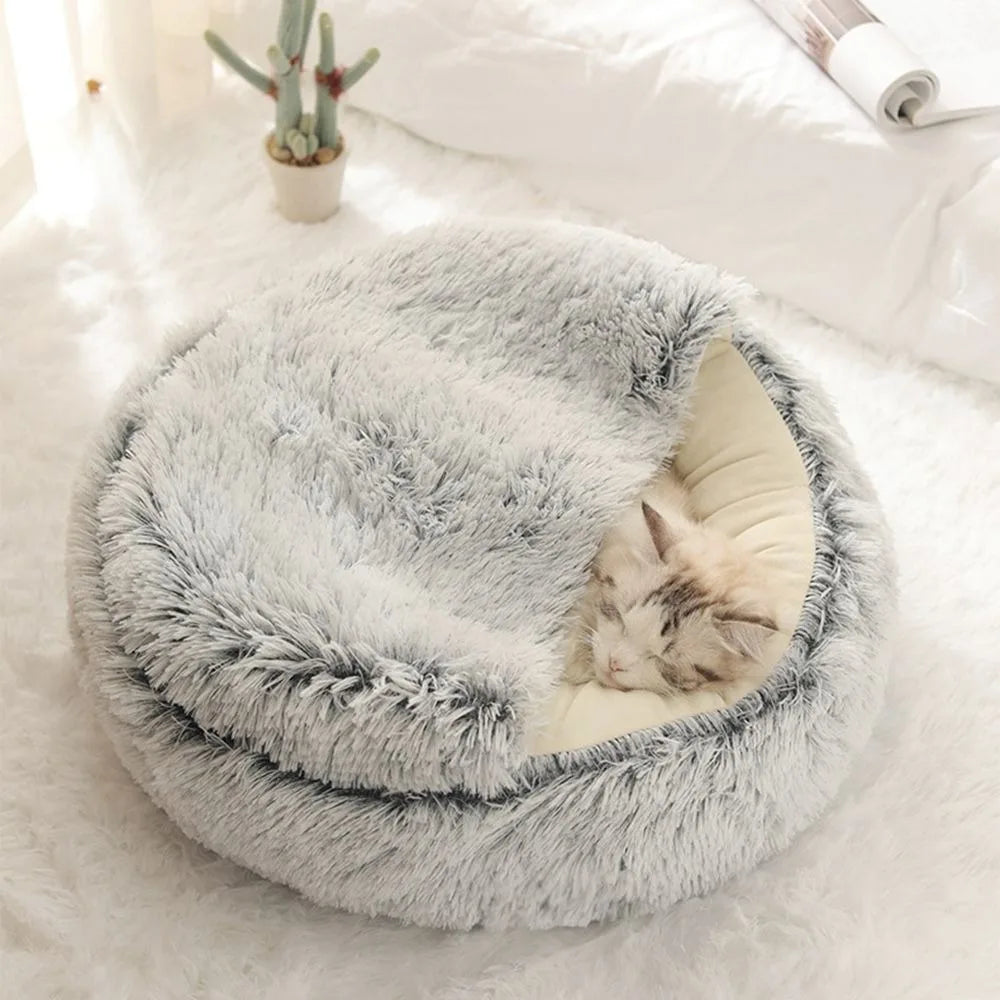 Warm Plush Pet Bed: Enclosed Round Cushion and Sleep Bag for Small Cats and Pets