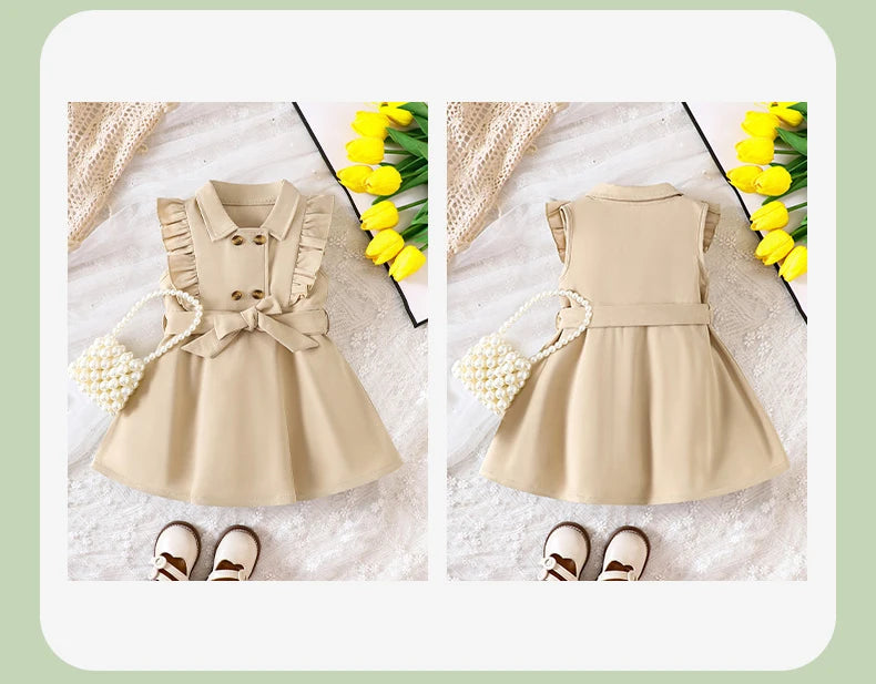 Wholesale Kids Girls Retro Solid Color Trench Dress – Belted, Double-Breasted Elegant Summer Baby Dress