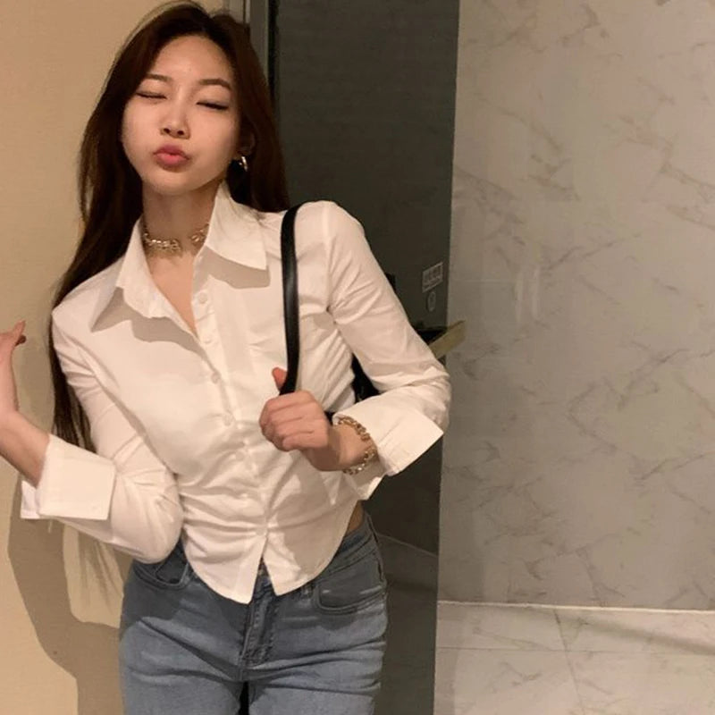 Women&#39;s Elegant Slim Blouse: Korean Y2K Cropped Shirt for Casual &amp; Office Wear