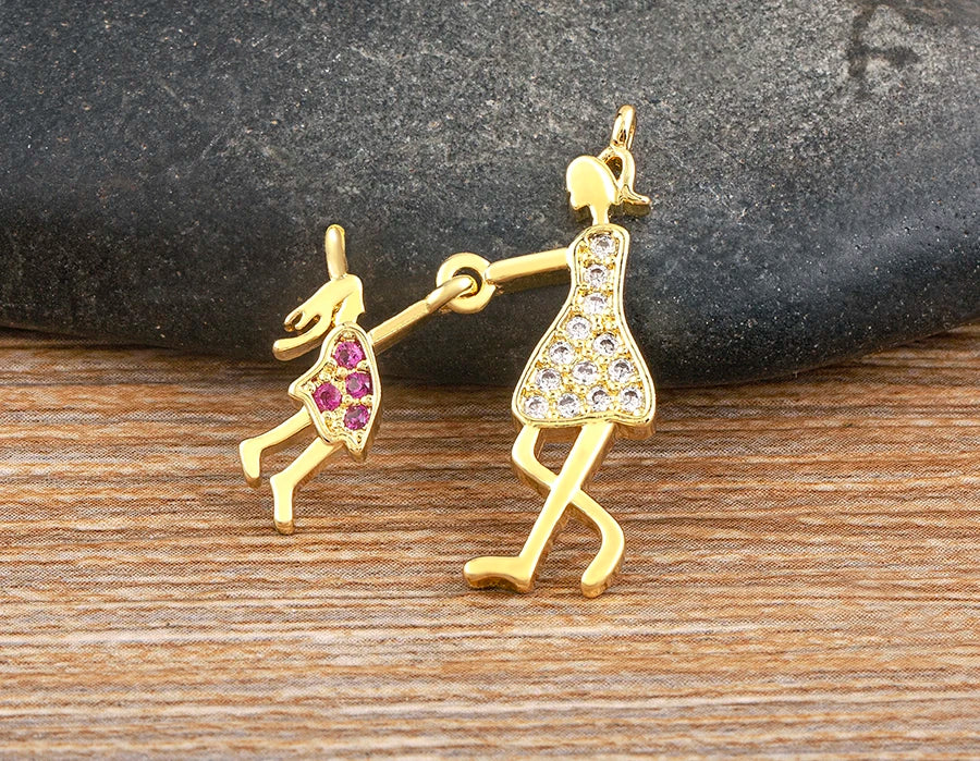 Nidin Gold-Plated Mom and Daughter Pendant Necklace with Cubic Zirconia, Elegant Mother's Day Jewelry Gift