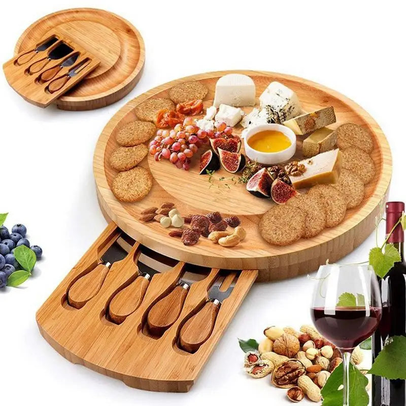 Bamboo Cheese Board Set: Includes Cheese Knife, Slicer, Fork, and Scoop – Perfect Kitchen Tools for Serving and Cutting Cheeses