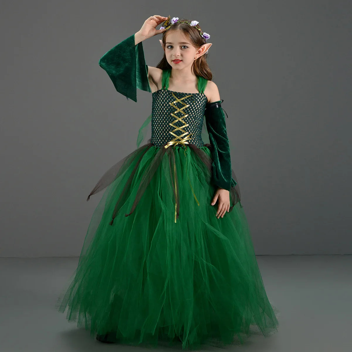 Kids Forest Elf Dress-Up Costume – Green Princess Outfit with Ears for Girls, Perfect for Stage Performance and Halloween