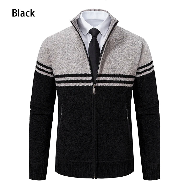 Men&#39;s New Winter Sweater Thick Fleece Warm Sweater Casual Stand Collar Zipper Cardigan Fashion Striped Coat