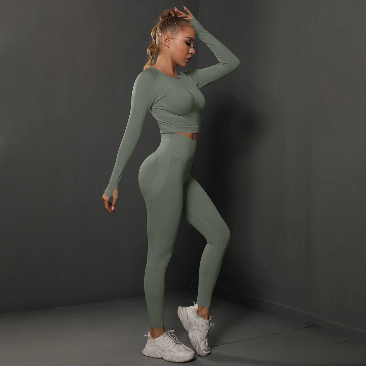 2-Piece Women&#39;s Seamless Gym Set: Bubble Butt Sports Pants &amp; Long Sleeve Top for Activewear