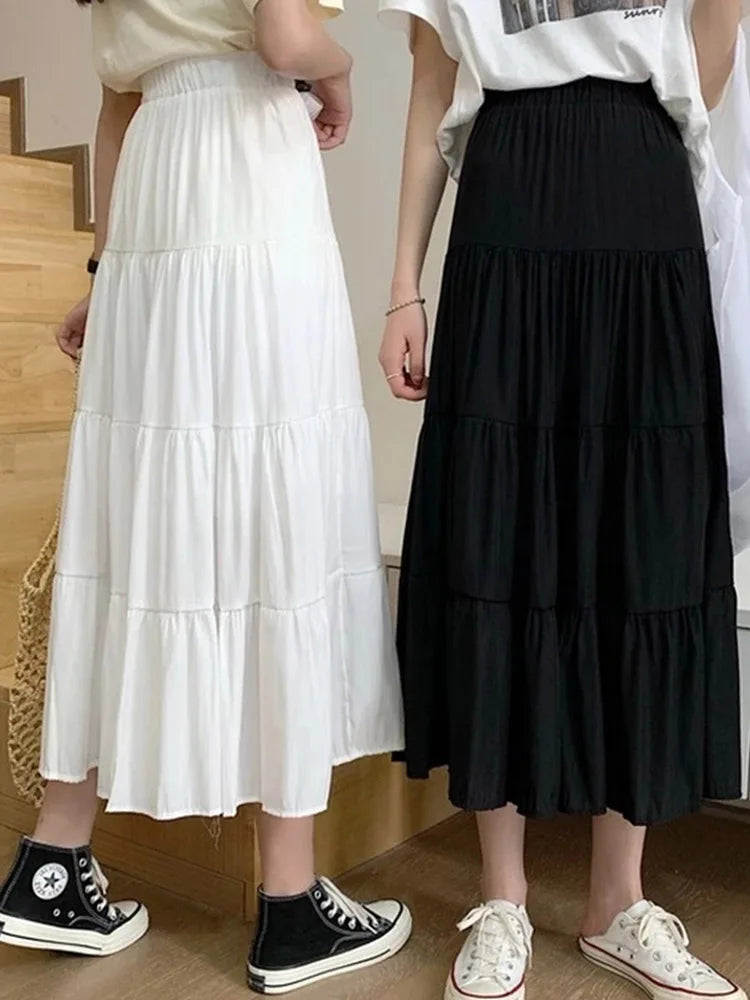 Spring Summer Women&#39;s Chiffon A-Line Skirt: Vintage High-Waist Elastic Patchwork in Black &amp; White